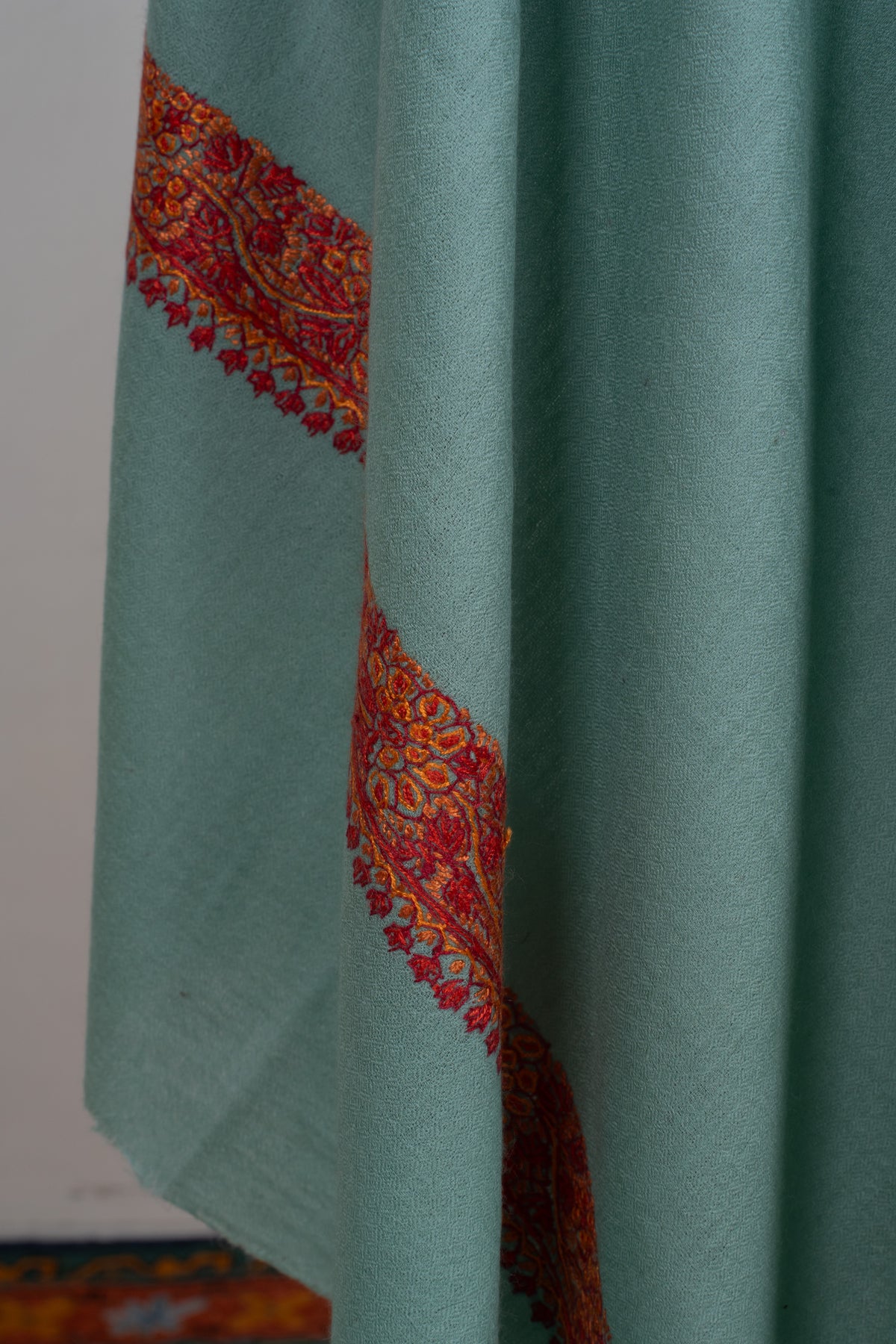 Celeste Mist Merino wool 2.5 Yards Sozni Hand Embroidered Shawl