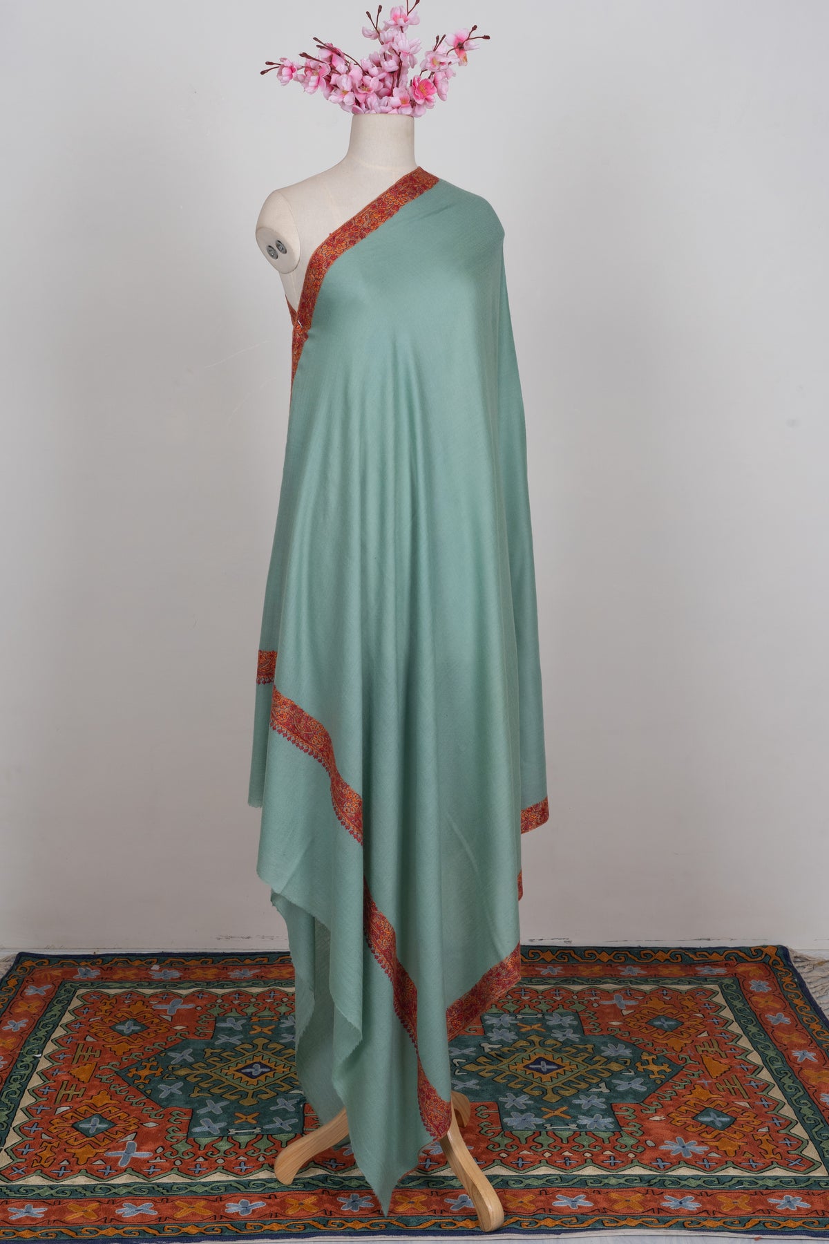 Celeste Mist Merino wool 2.5 Yards Sozni Hand Embroidered Shawl