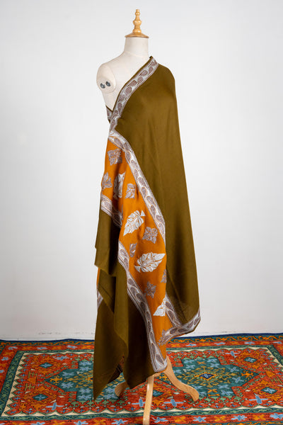 Olive Symphony Merino Wool Shawl with Tilla Embroidery