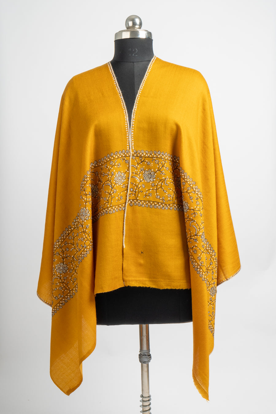 Golden Radiance: Sozni-Embroidered Merino Wool Stole