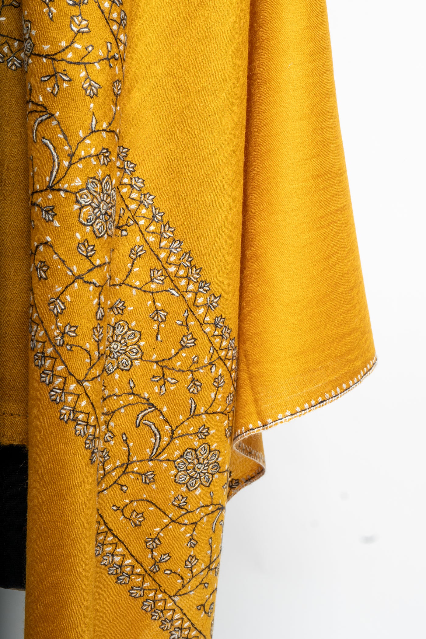 Golden Radiance: Sozni-Embroidered Merino Wool Scarf