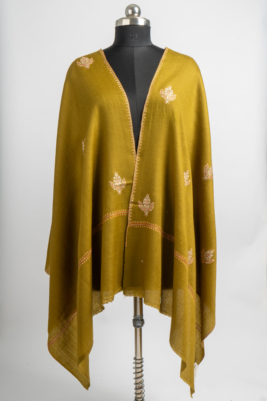 Olive Grace: Sozni Hand-Embroidered Merino Wool Stole