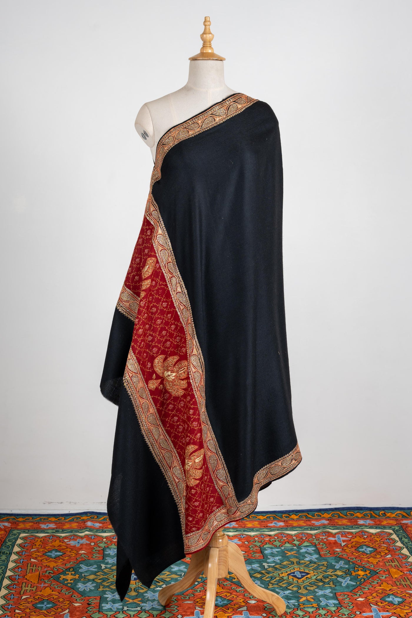 Ebony and Crimson Merino Wool Shawl with Lavish Tilla & Sozni Embroidery