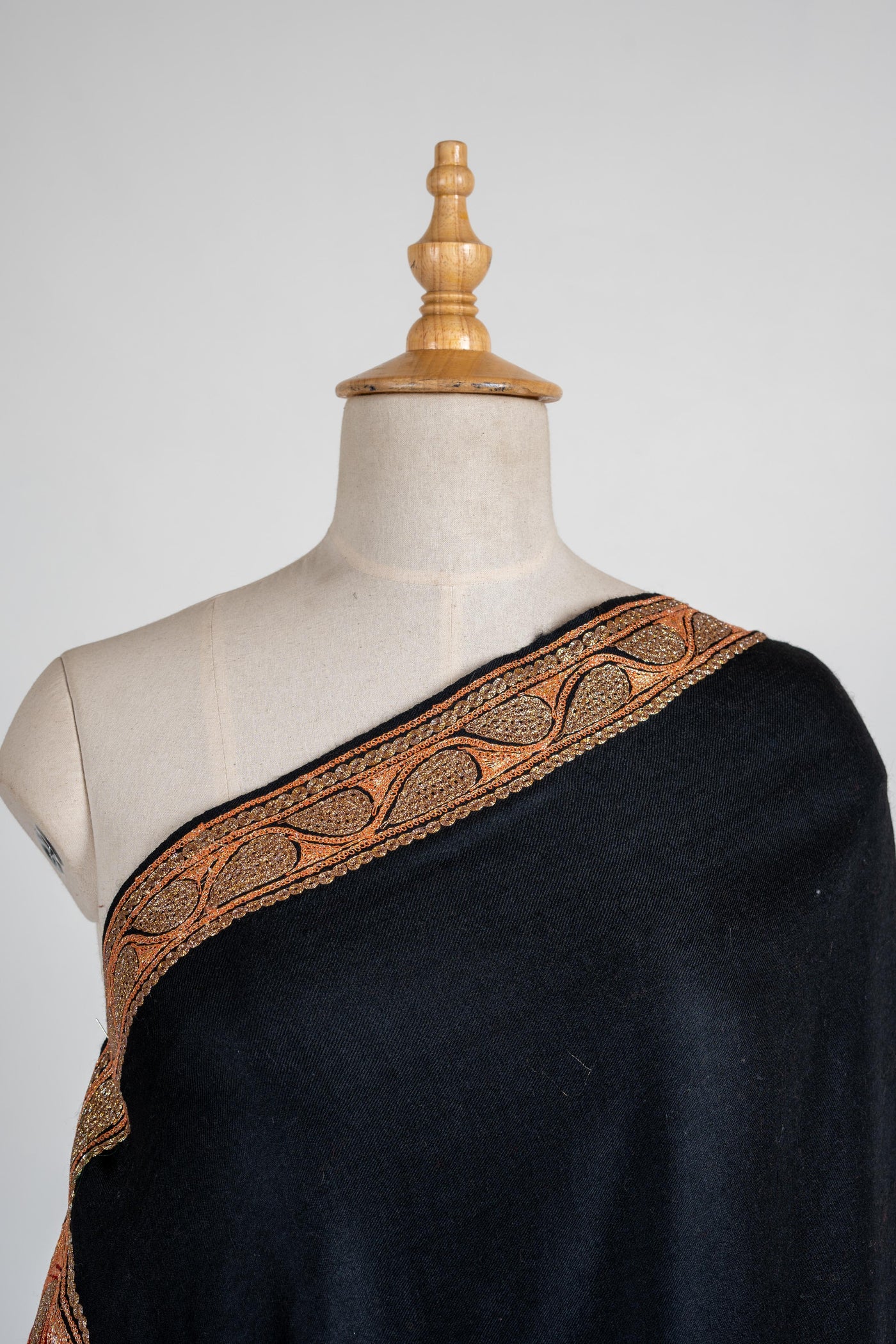 Ebony and Crimson Merino Wool Shawl with Lavish Tilla & Sozni Embroidery