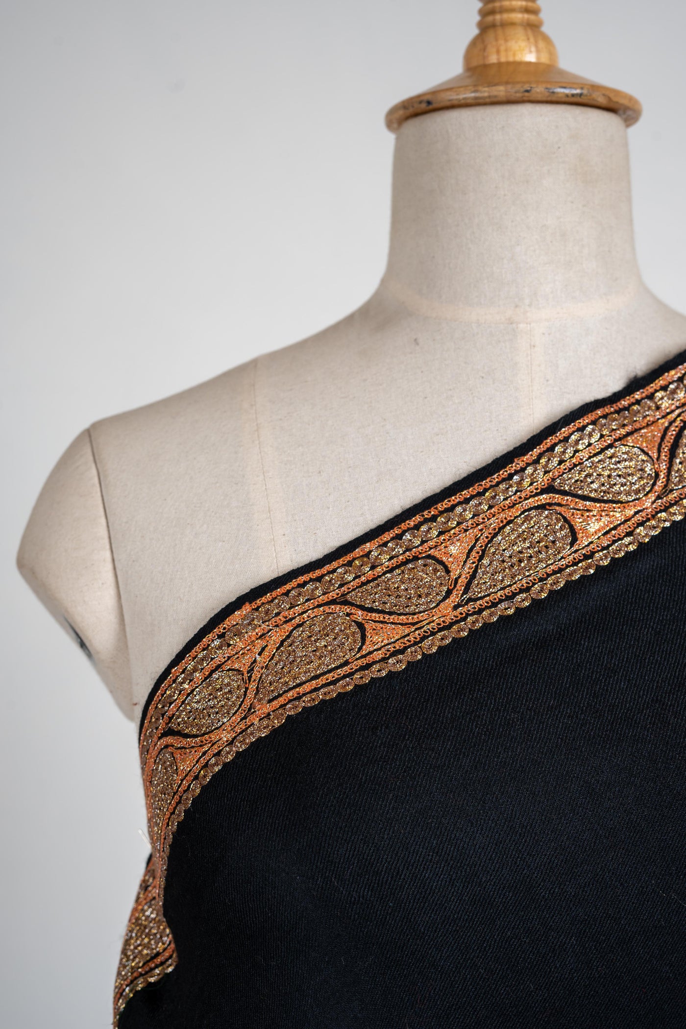 Ebony and Crimson Merino Wool Shawl with Lavish Tilla & Sozni Embroidery