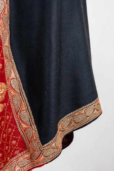 Ebony and Crimson Merino Wool Shawl with Lavish Tilla & Sozni Embroidery