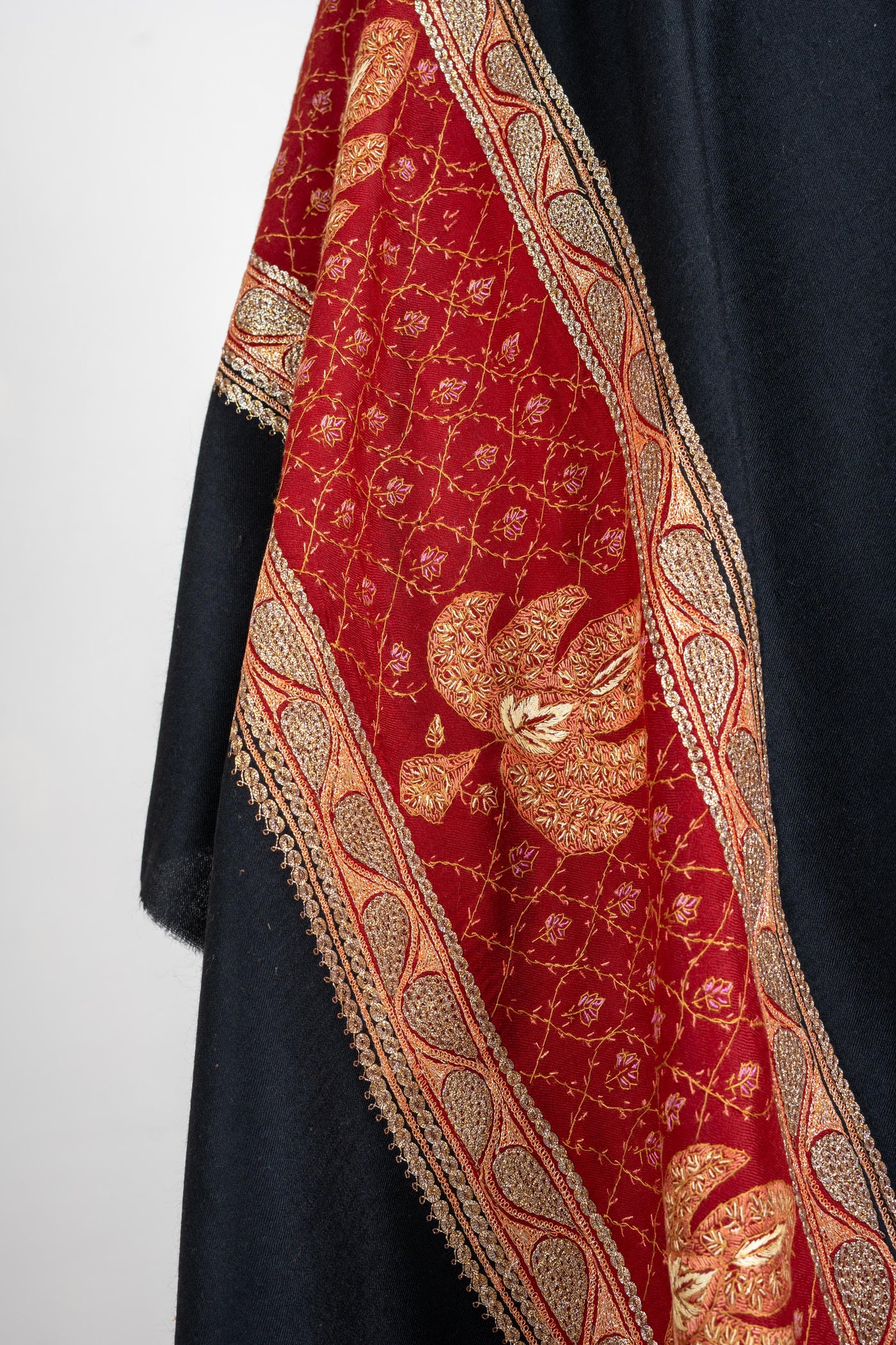 Ebony and Crimson Merino Wool Shawl with Lavish Tilla & Sozni Embroidery