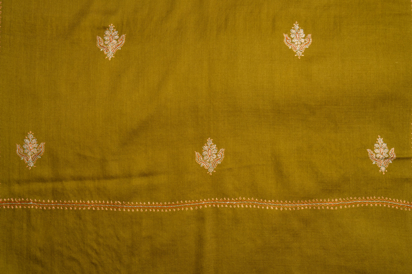 Olive Grace: Sozni Hand-Embroidered Merino Wool Scarf