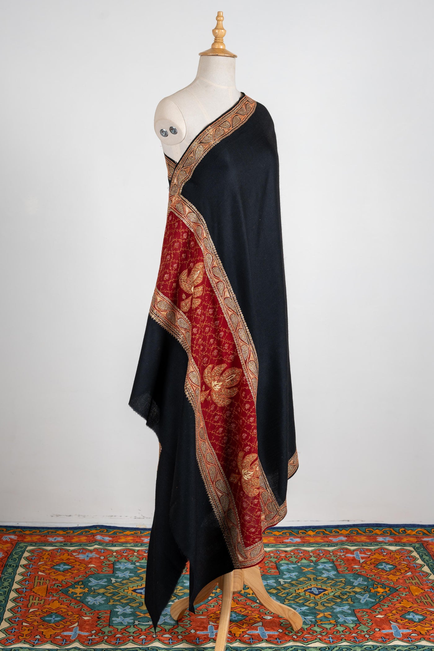 Ebony and Crimson Merino Wool Shawl with Lavish Tilla & Sozni Embroidery