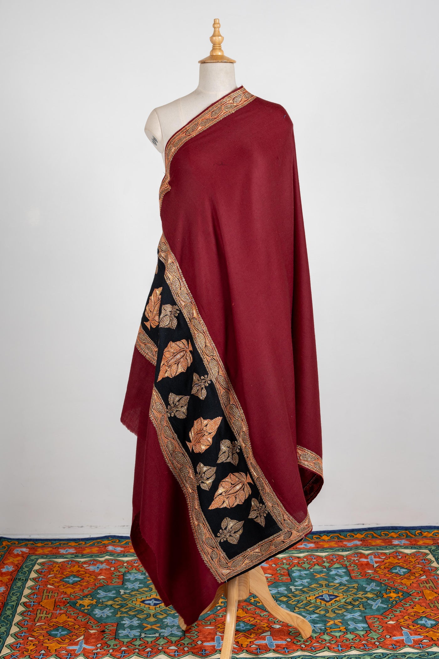 Crimson Elegance Merino Wool Shawl with Autumn Tilla Leaf Borders