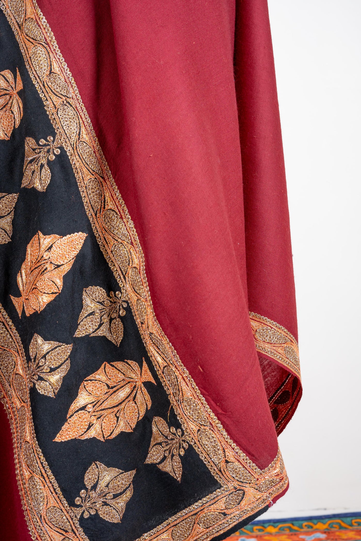 Crimson Elegance Merino Wool Shawl with Autumn Tilla Leaf Borders