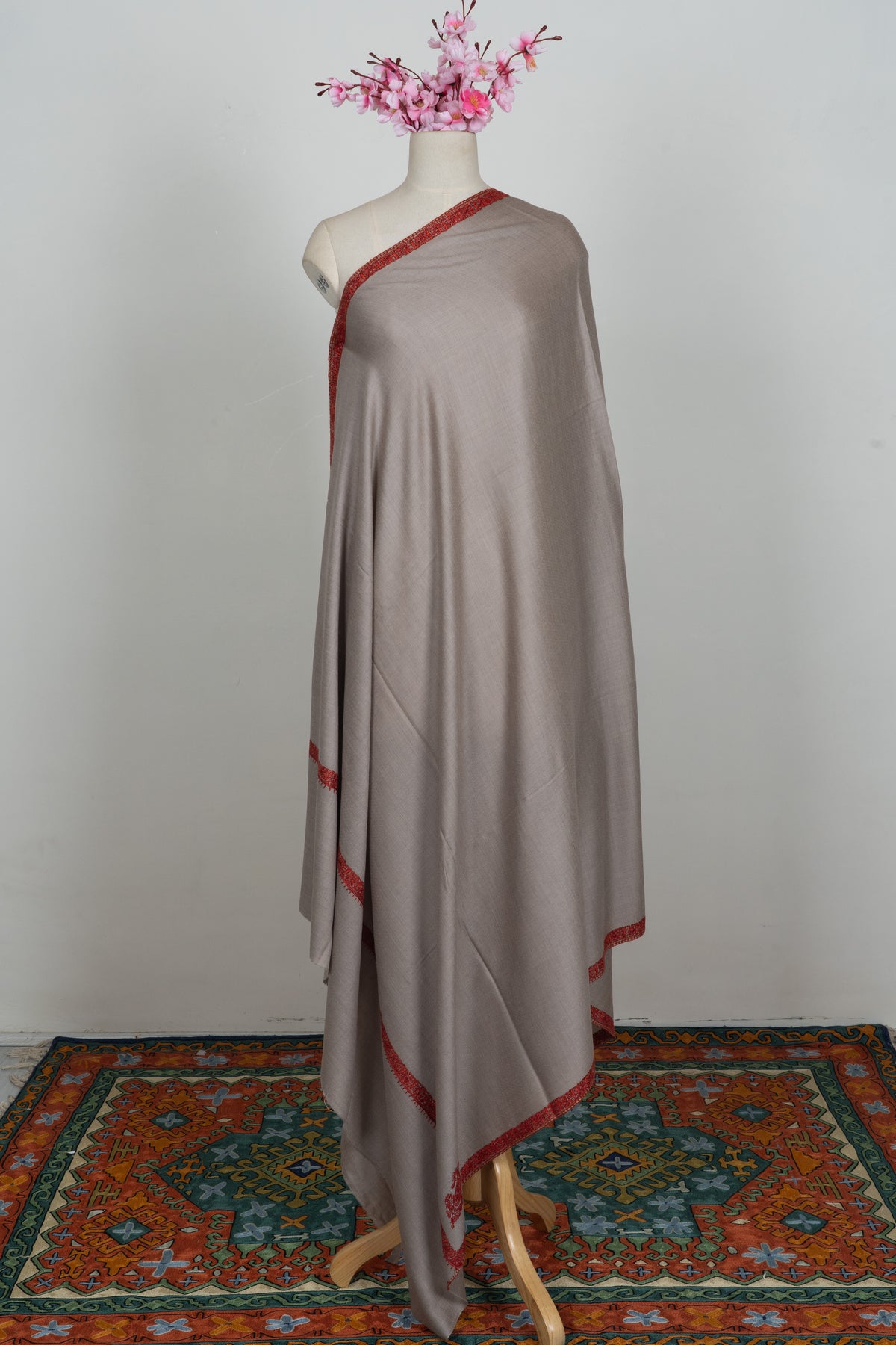 Desert Taupe Merino wool 2.5 Yards Sozni Hand Embroidered Shawl