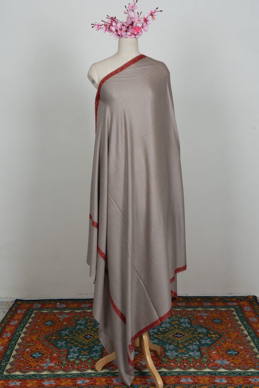 Desert Taupe Merino wool 2.5 Yards Sozni Hand Embroidered Shawl