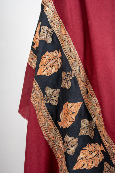 Crimson Elegance Merino Wool Shawl with Autumn Tilla Leaf Borders