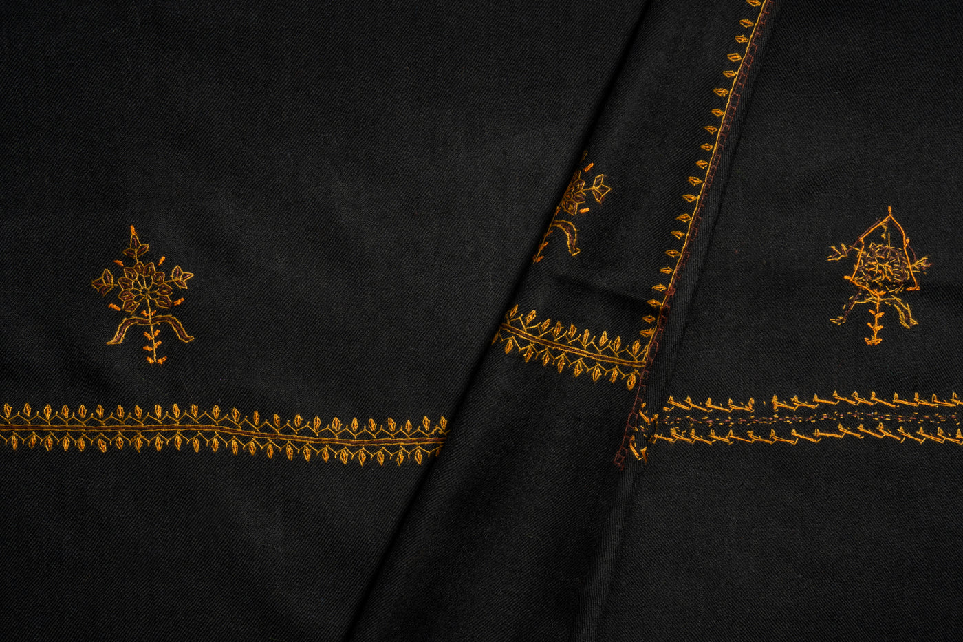 Noir Majesty: Hand-Embroidered Sozni Merino Wool Scarf