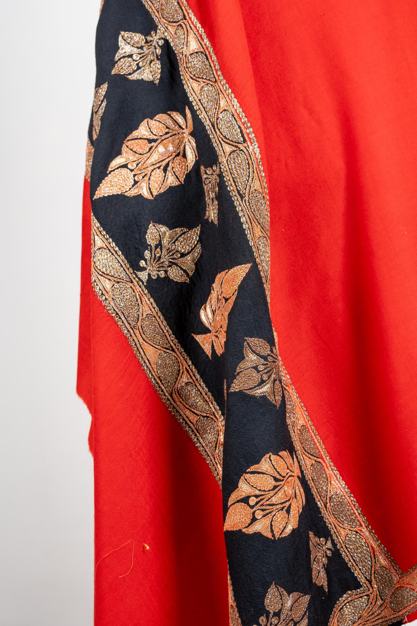 Scarlet Bloom Merino Wool Shawl with Tilla-Embroidered Leaves