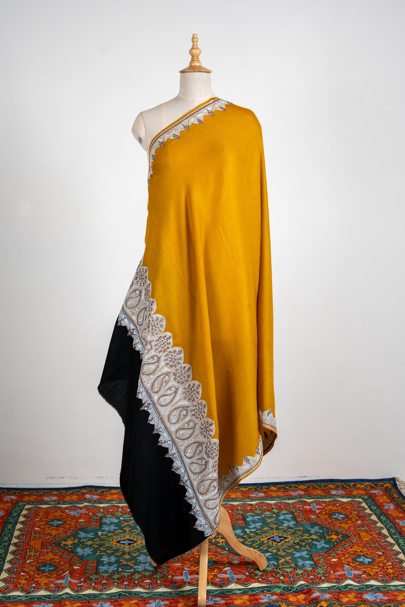 Golden Radiance Merino Wool Shawl with Ornamental Tilla Borders