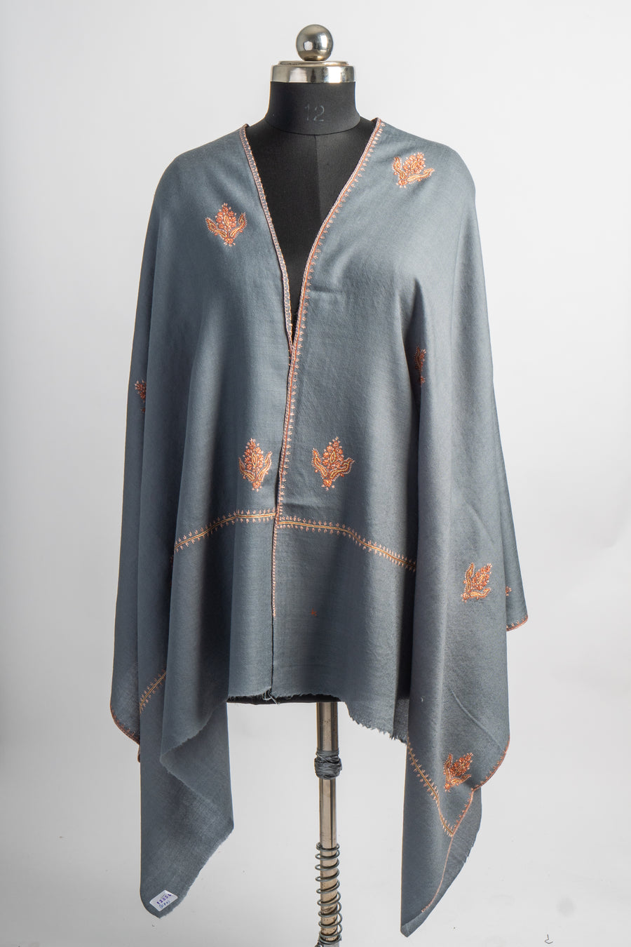 Smoky Grace: Hand-Embroidered Sozni Merino Wool Stole