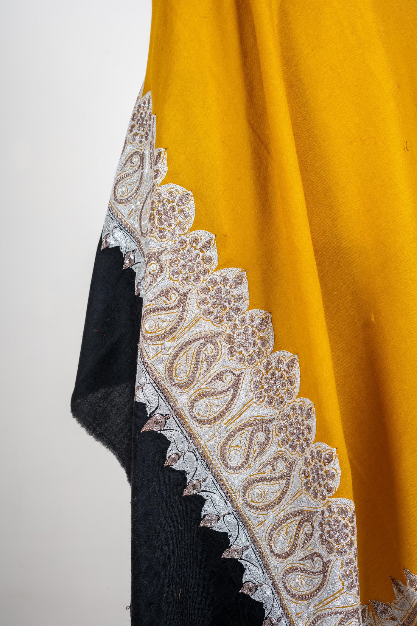 Golden Radiance Merino Wool Shawl with Ornamental Tilla Borders