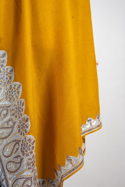 Golden Radiance Merino Wool Shawl with Ornamental Tilla Borders