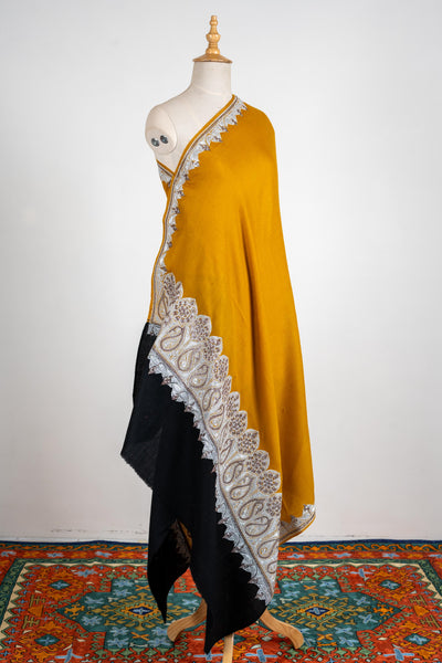 Golden Radiance Merino Wool Shawl with Ornamental Tilla Borders