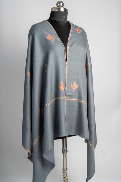 Smoky Grace: Hand-Embroidered Sozni Merino Wool Scarf