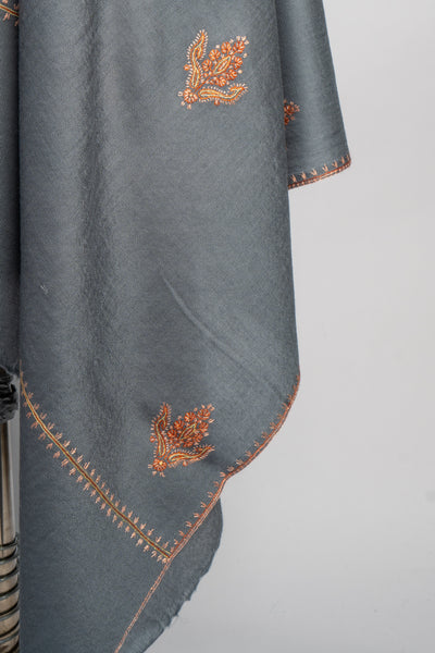 Smoky Grace: Hand-Embroidered Sozni Merino Wool Scarf