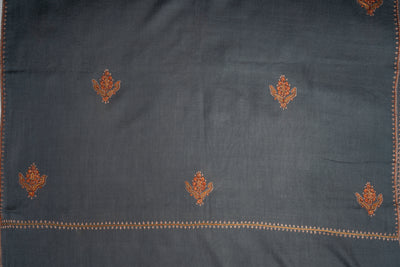 Smoky Grace: Hand-Embroidered Sozni Merino Wool Scarf