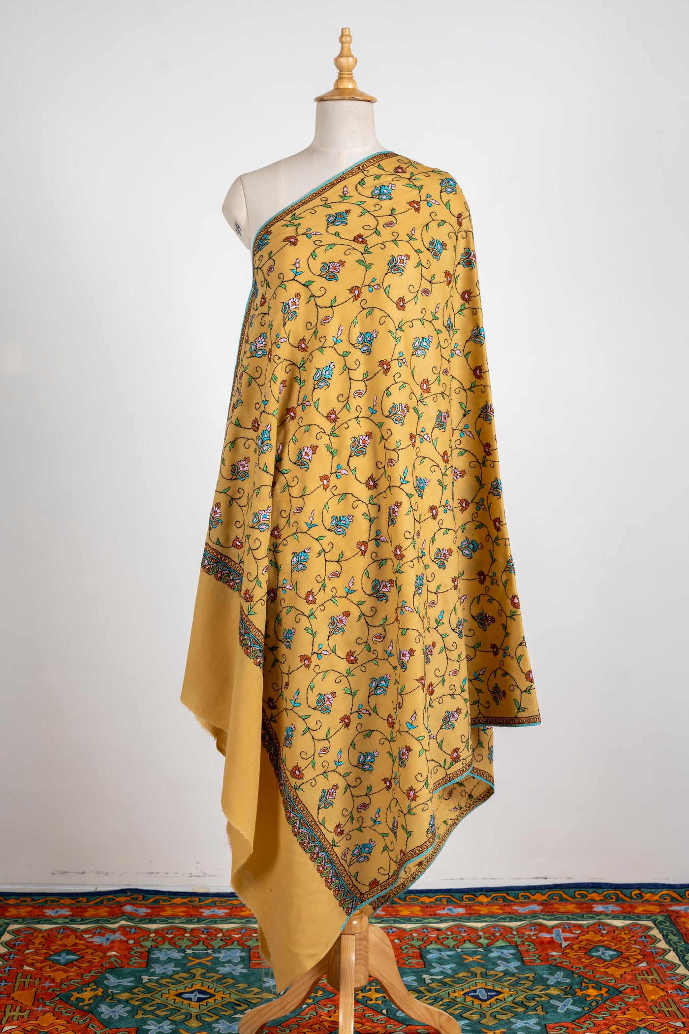 Golden Bloom Merino Wool Shawl with All-Over Sozni Embroidery