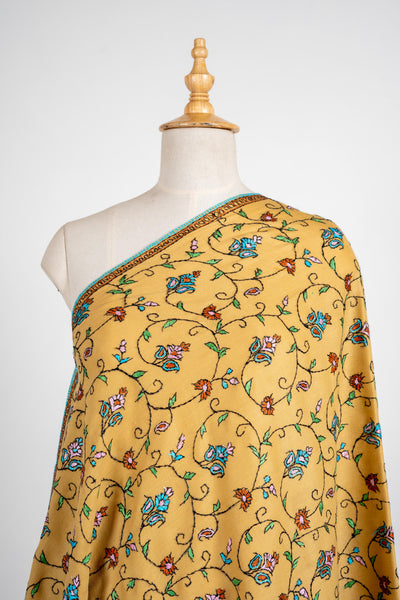 Golden Bloom Merino Wool Shawl with All-Over Sozni Embroidery