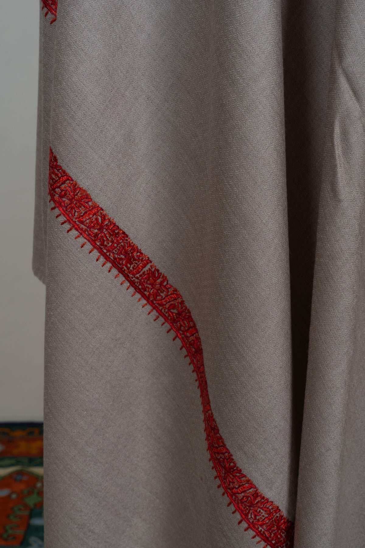 Desert Taupe Merino wool 2.5 Yards Sozni Hand Embroidered Shawl