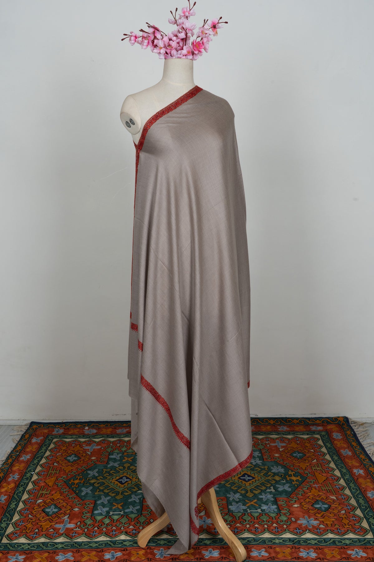 Desert Taupe Merino wool 2.5 Yards Sozni Hand Embroidered Shawl