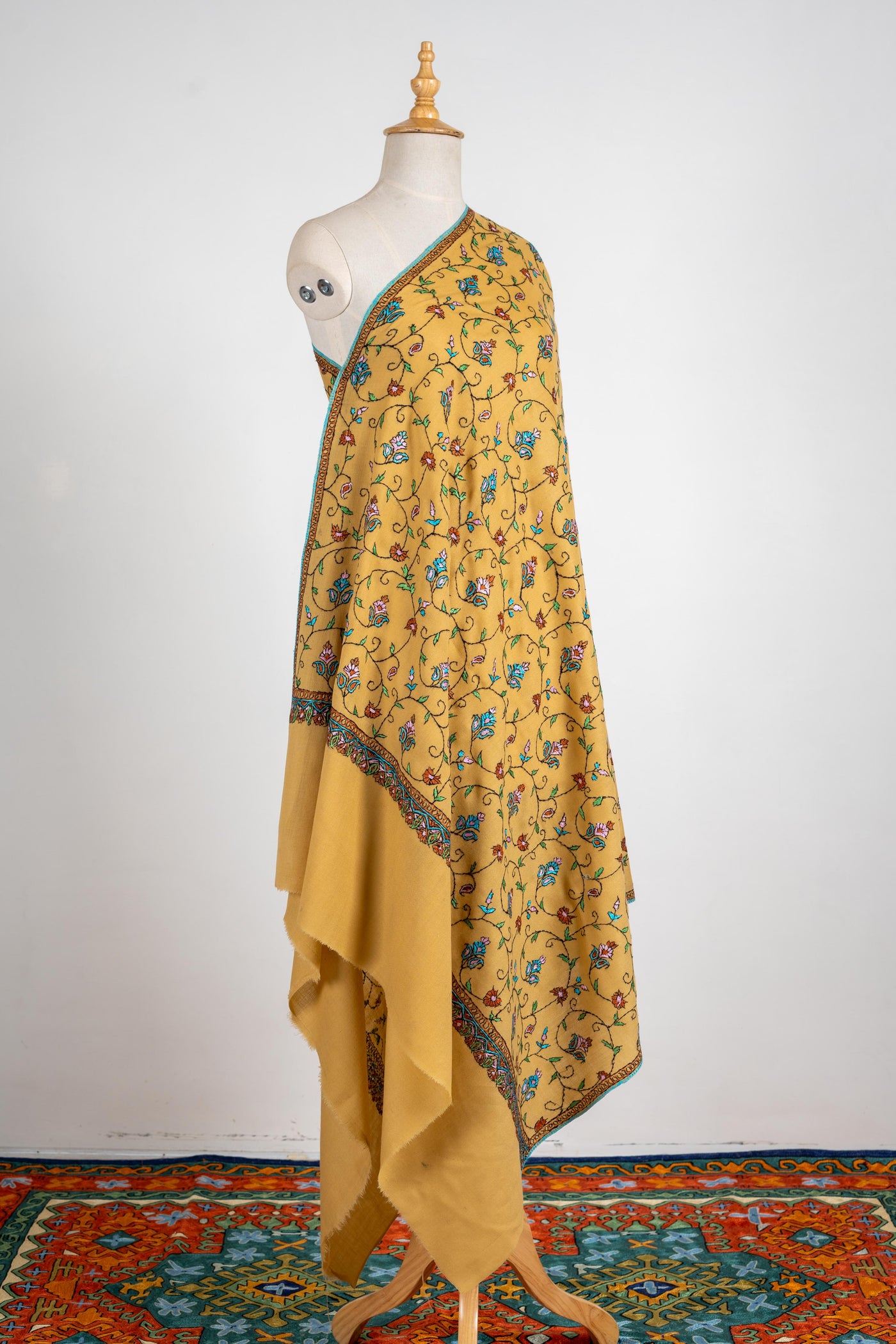 Golden Bloom Merino Wool Shawl with All-Over Sozni Embroidery