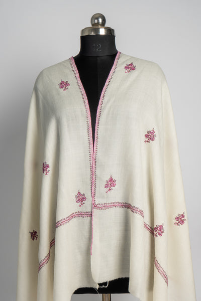 Ivory Bloom: Sozni Hand-Embroidered Merino Wool Scarf