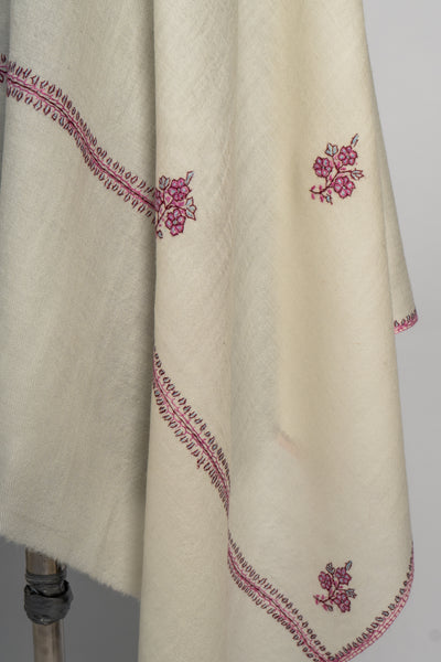 Ivory Bloom: Sozni Hand-Embroidered Merino Wool Scarf