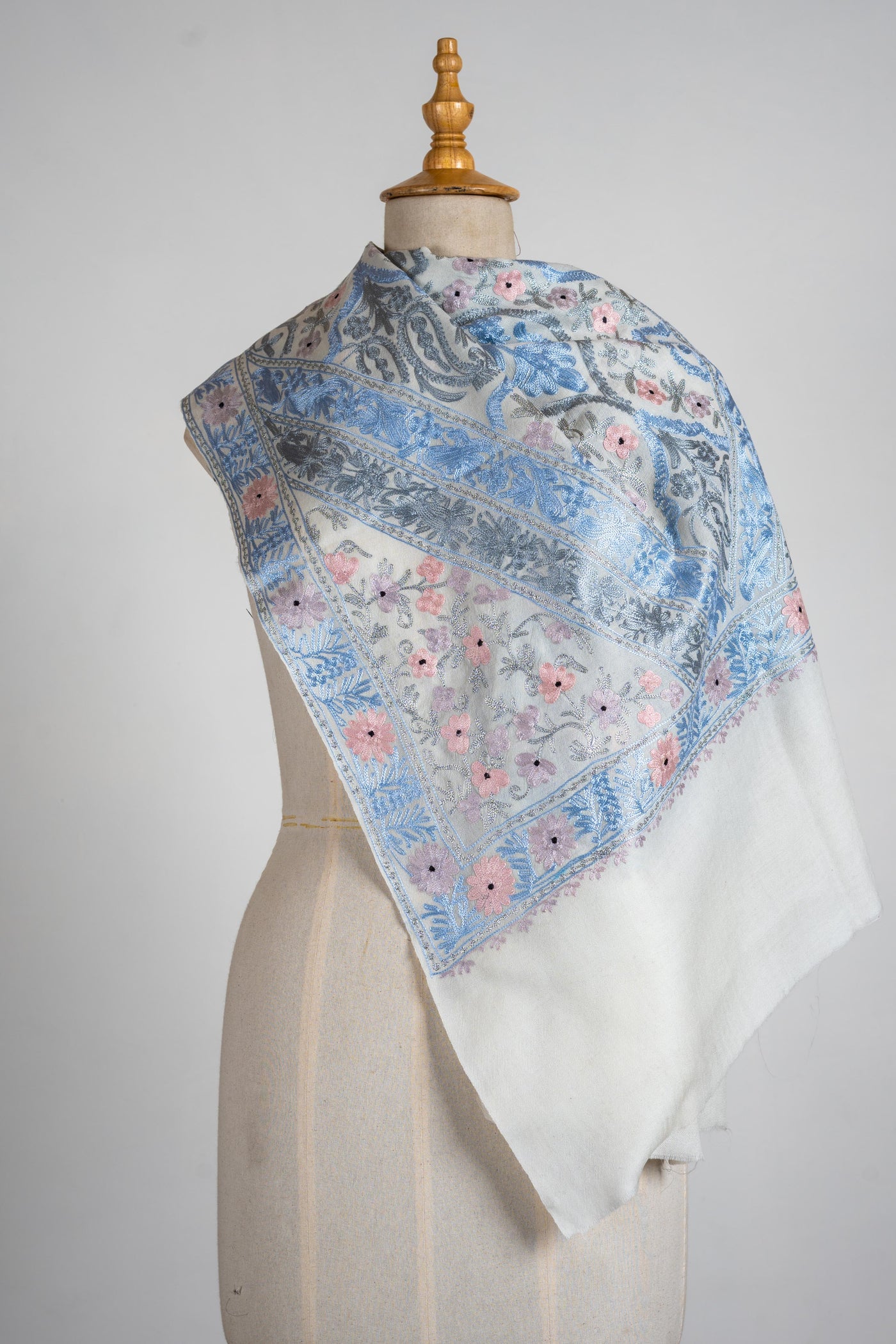 Pastel Bloom Merino Wool Scarf with Aari Embroidery