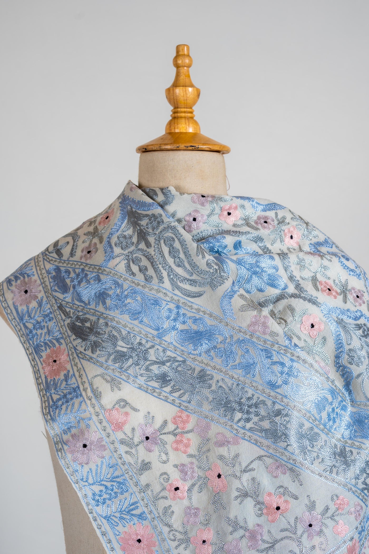 Pastel Bloom Merino Wool Scarf with Aari Embroidery