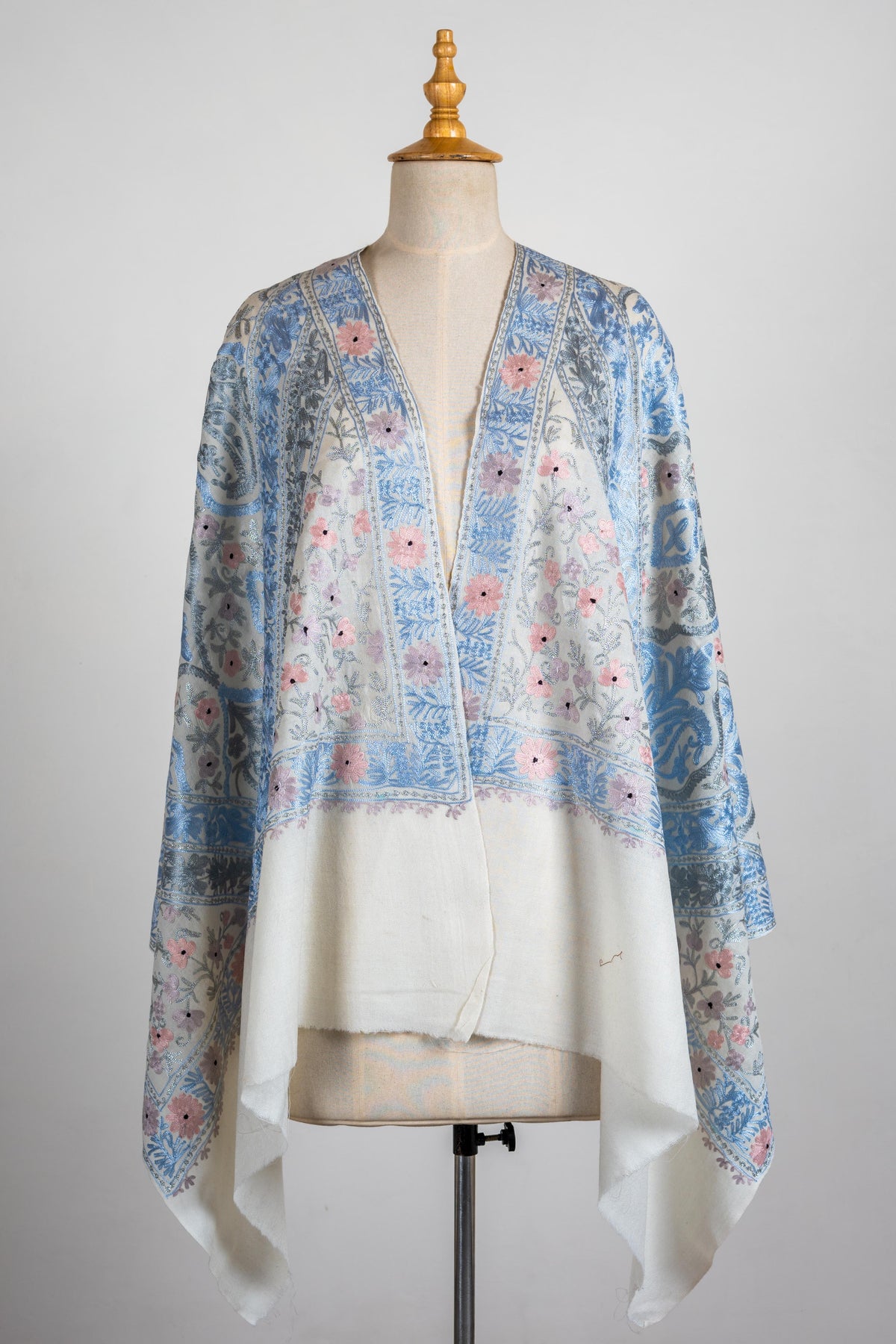 Pastel Bloom Merino Wool Stole with Aari Embroidery