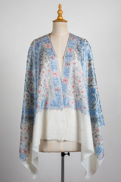 Pastel Bloom Merino Wool Scarf with Aari Embroidery