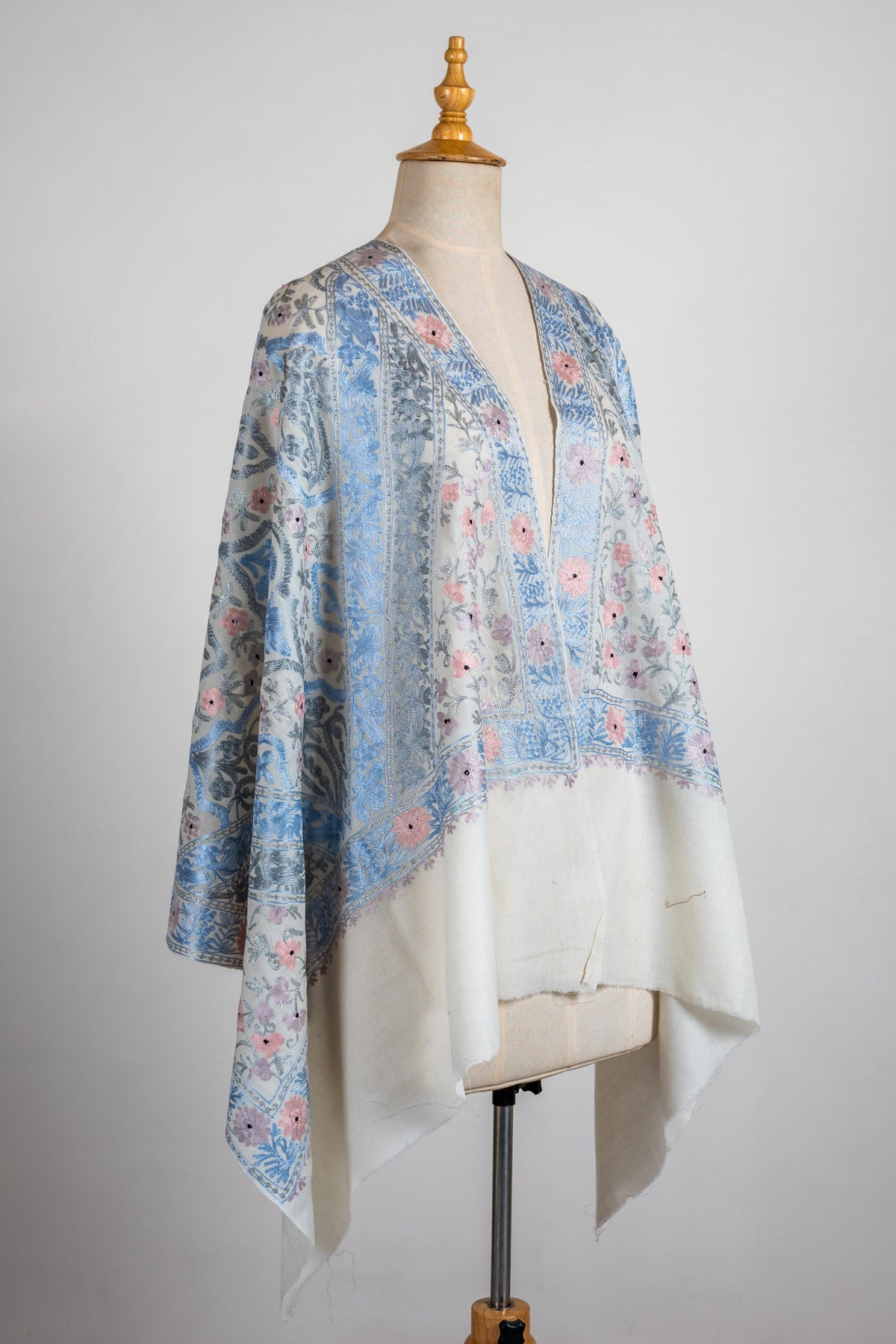 Pastel Bloom Merino Wool Stole with Aari Embroidery