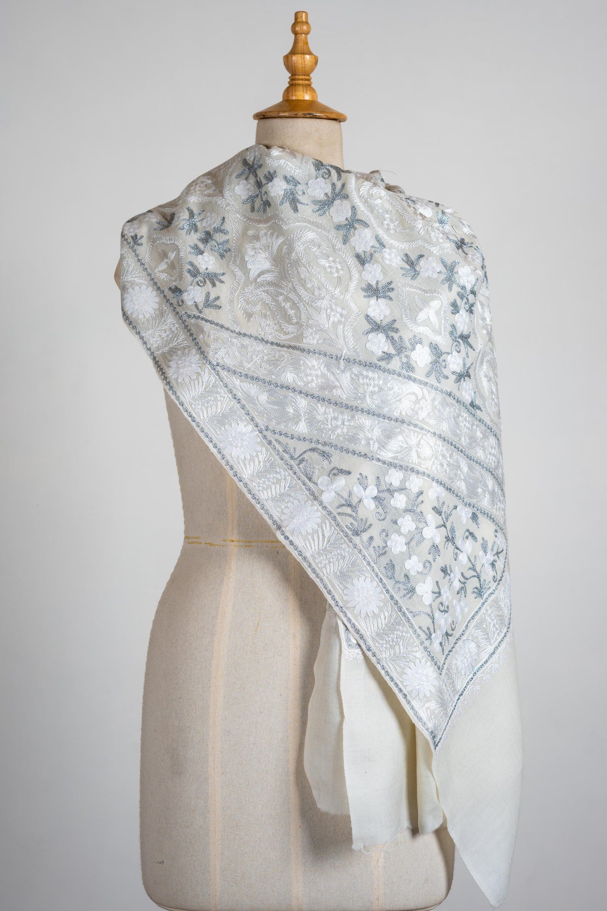 Ivory Frost Merino Wool Stole with Aari-Embroidered Motifs