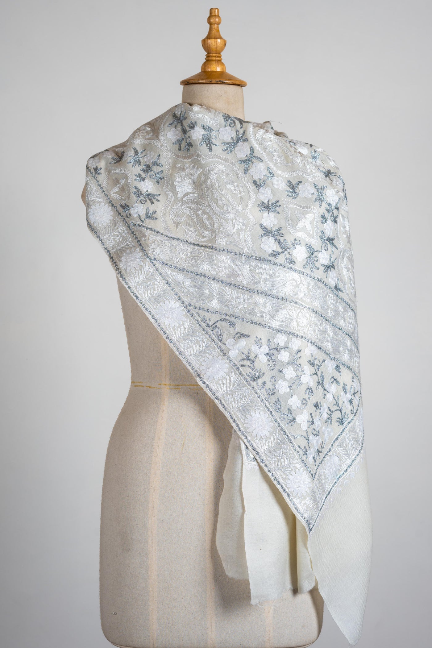 Ivory Frost Merino Wool Scarf with Aari-Embroidered Motifs