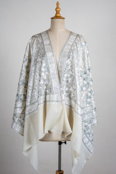 Ivory Frost Merino Wool Scarf with Aari-Embroidered Motifs