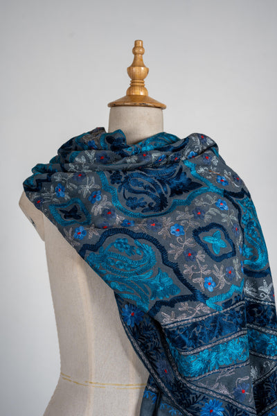 Ocean Dreams Merino Wool Scarf with Vibrant Aari Embroidery