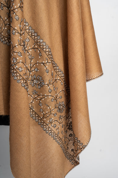 Bronzed Delight: Sozni Hand-Embroidered Merino Wool Scarf