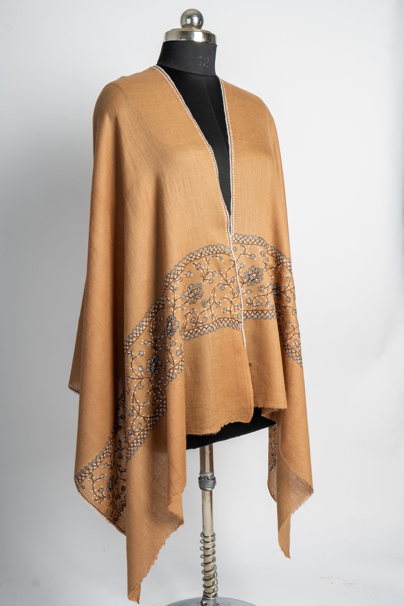 Bronzed Delight: Sozni Hand-Embroidered Merino Wool Scarf