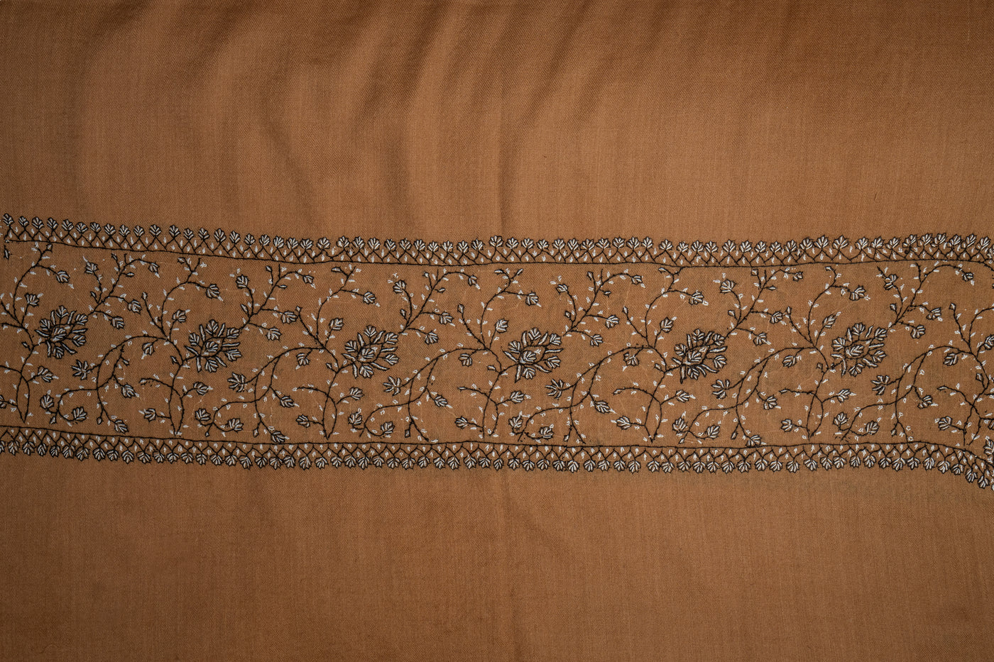 Bronzed Delight: Sozni Hand-Embroidered Merino Wool Scarf