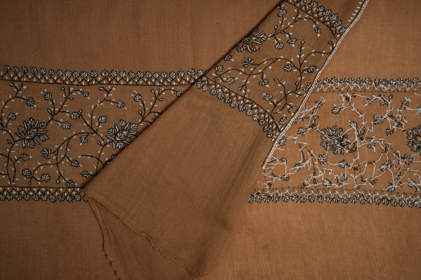 Bronzed Delight: Sozni Hand-Embroidered Merino Wool Scarf