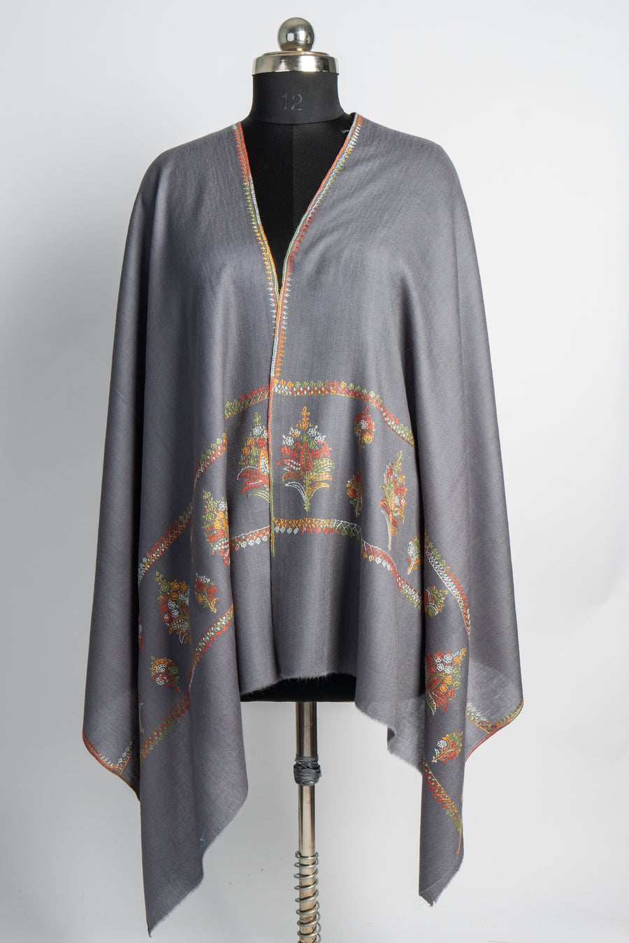 Slate Garden: Sozni Hand-Embroidered Merino Wool Stole