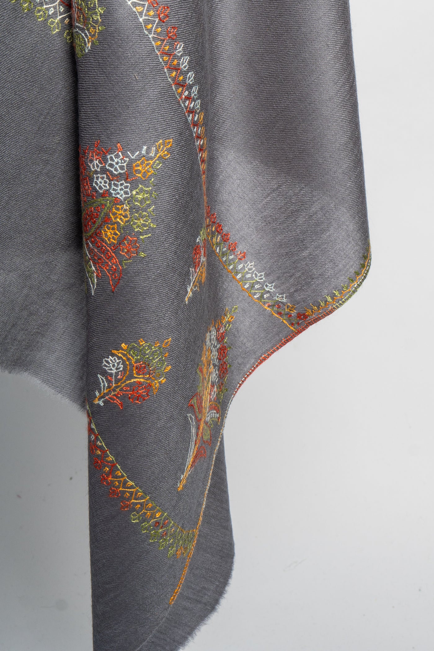 Slate Garden: Sozni Hand-Embroidered Merino Wool Scarf